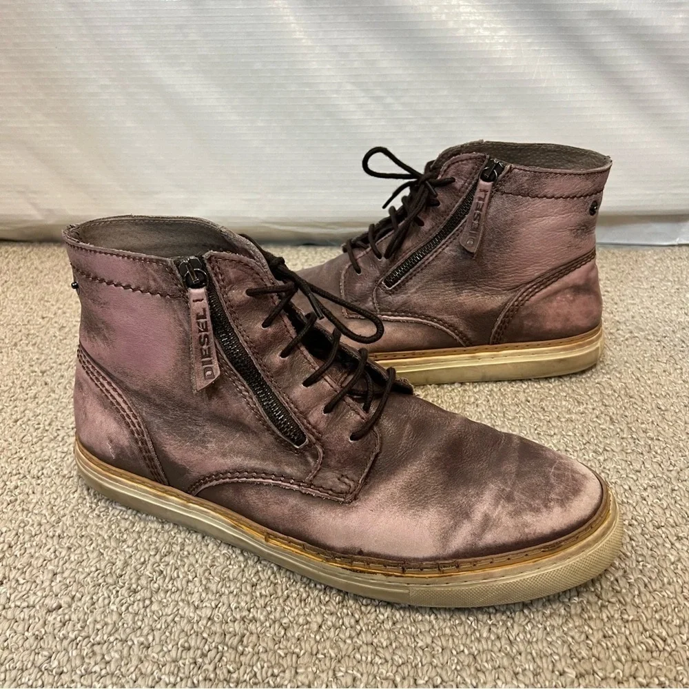 Diesel Mid Distressed Leather Boots Shoes Men’s Size 45 US 12 Side Zip Lace Up,